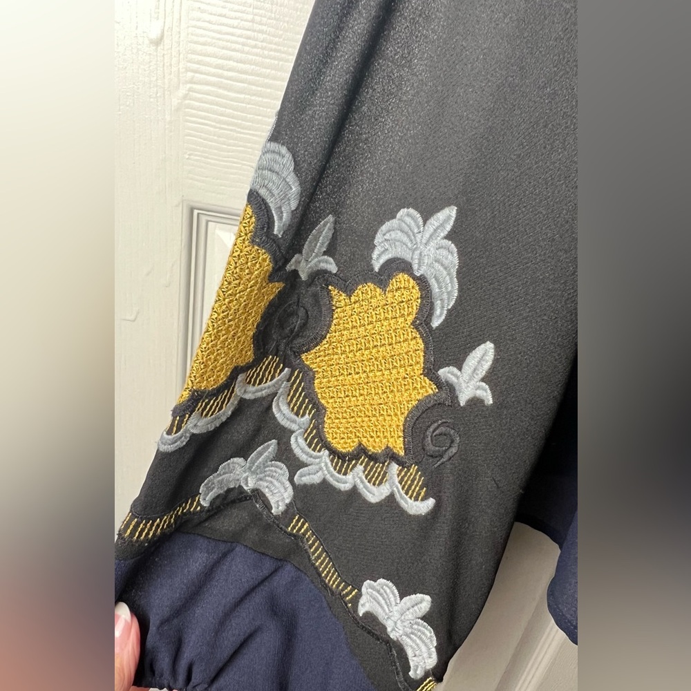 VANESSA VIRGINIA Embroidered Blouse Boho Black Blue Sheer Anthropologie Large - Picture 3 of 11